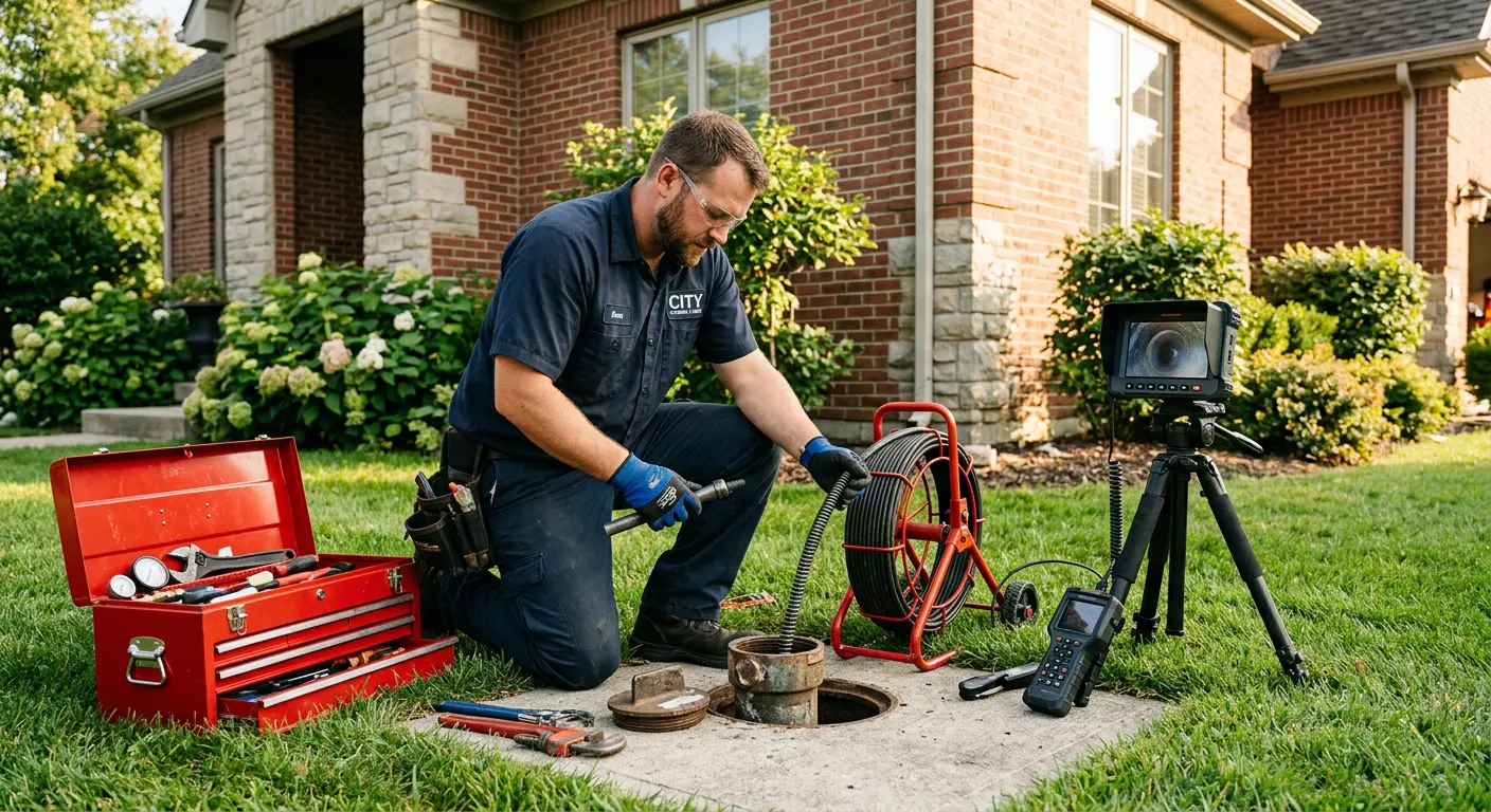 Sewer specialist with camera equipment servicing a cleanout in Evergreen