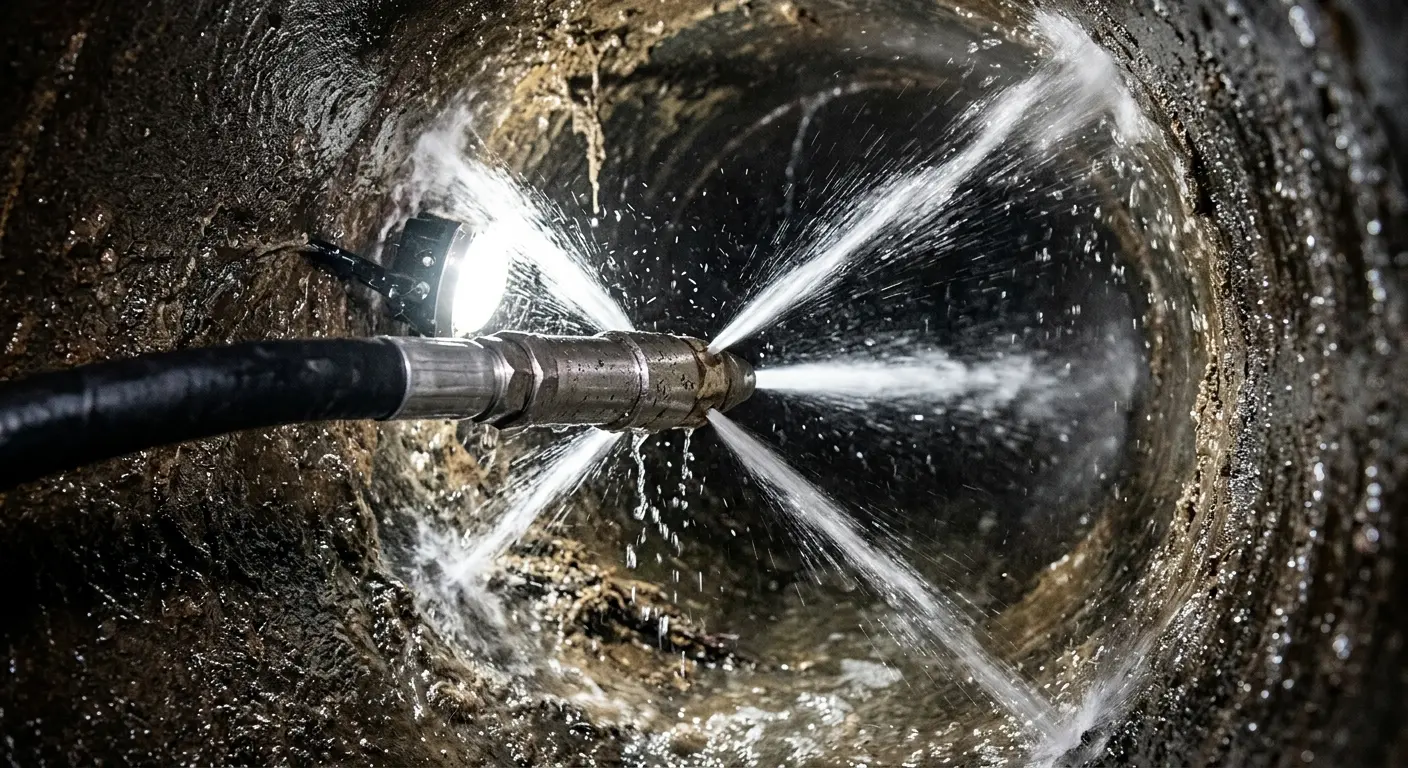High-pressure hydro jetting nozzle cleaning sewer pipe for Emergency Drain Service in Evergreen
