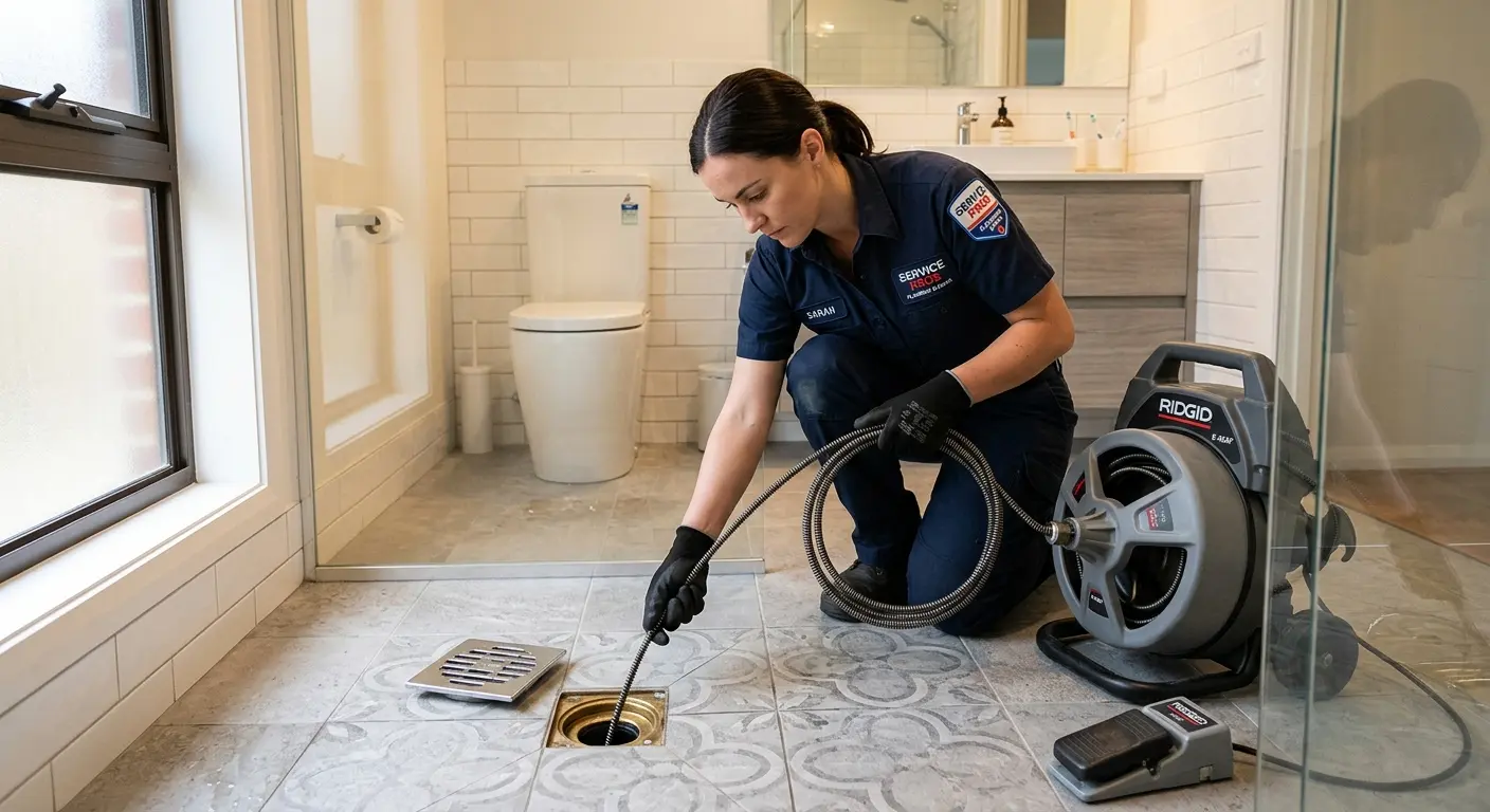 Technician clearing a bathroom floor drain for Clogged Drain Repair in Evergreen